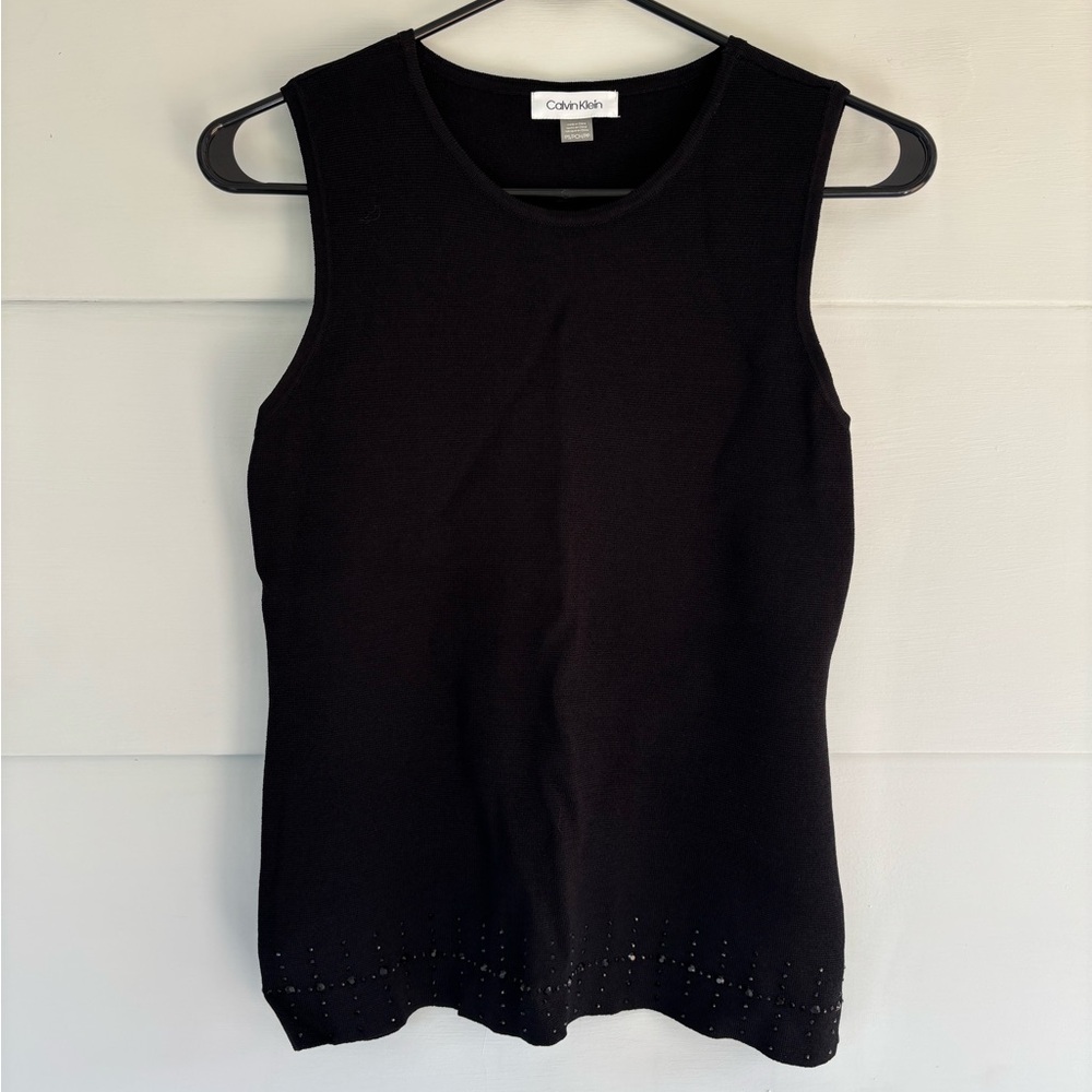 Calvin Klein Women’s PS Sleeveless Tank Top Blouse Black Stud Embellished Hem